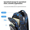 A blue and black graffiti-patterned backpack showing various storage pockets and compartments.