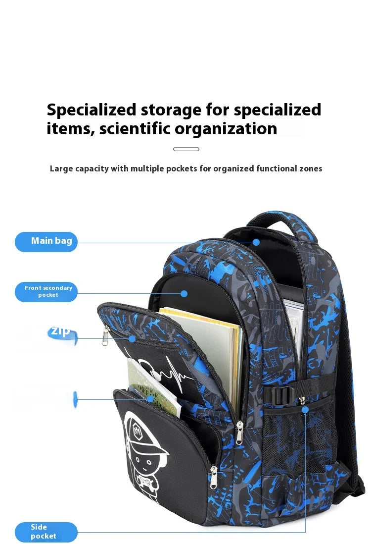 A blue and black graffiti-patterned backpack showing various storage pockets and compartments.