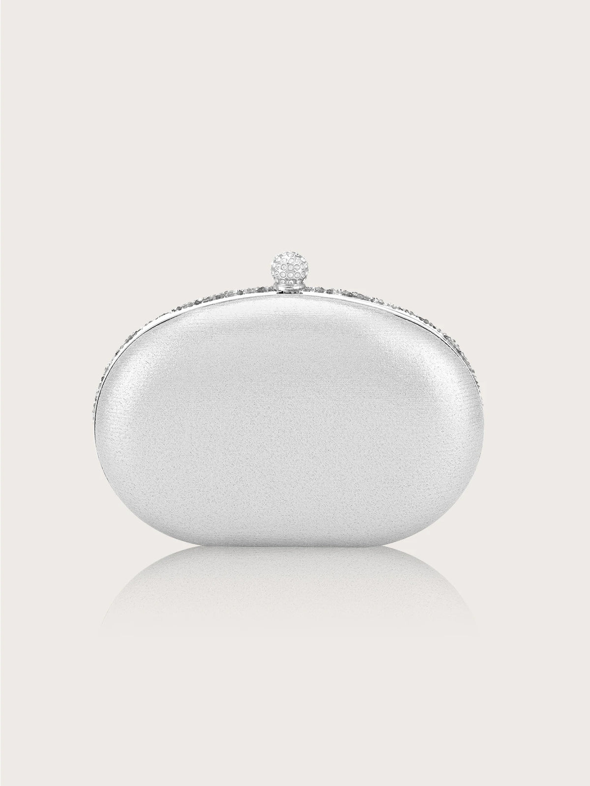 Pochette à clochette en strass argenté avec un détail de gemme ronde sur le dessus