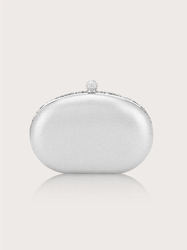 Silver sparkling rhinestone box clutch bag with a round gem detail on top
