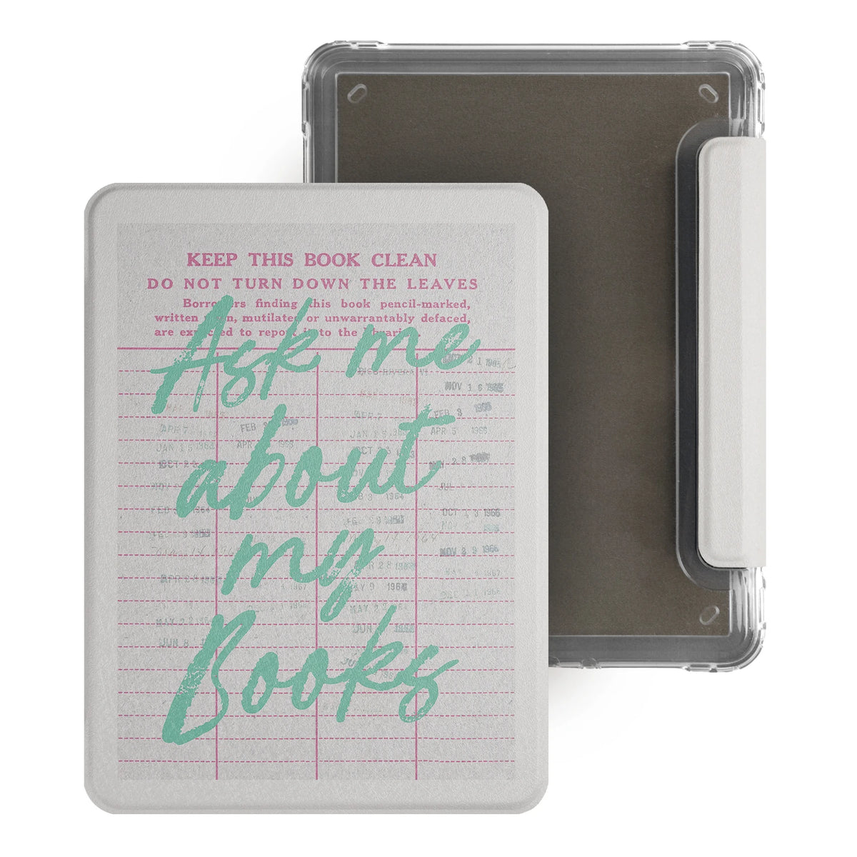 A vintage library card magnetic detachable cover for an e-reader, showing a handwritten note on the cover.