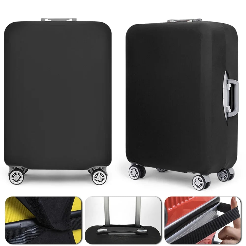 Black thick elastic luggage protective cover shown from multiple angles and close-ups