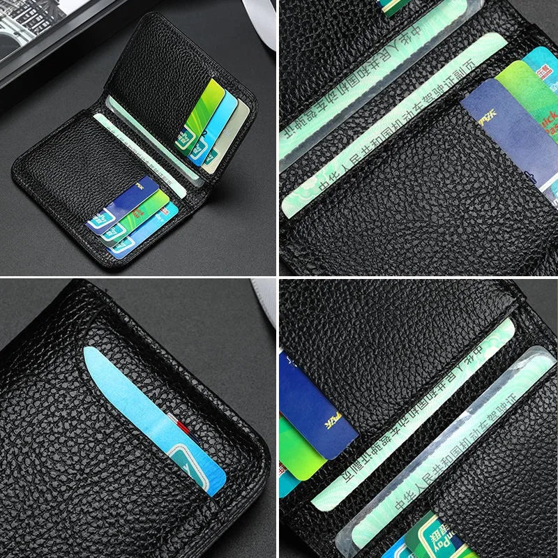 A black slim PU leather credit card wallet showing multiple cards inside.