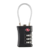 A black combination lock with a silver loop and numeric keypad for securing luggage or cabinets.