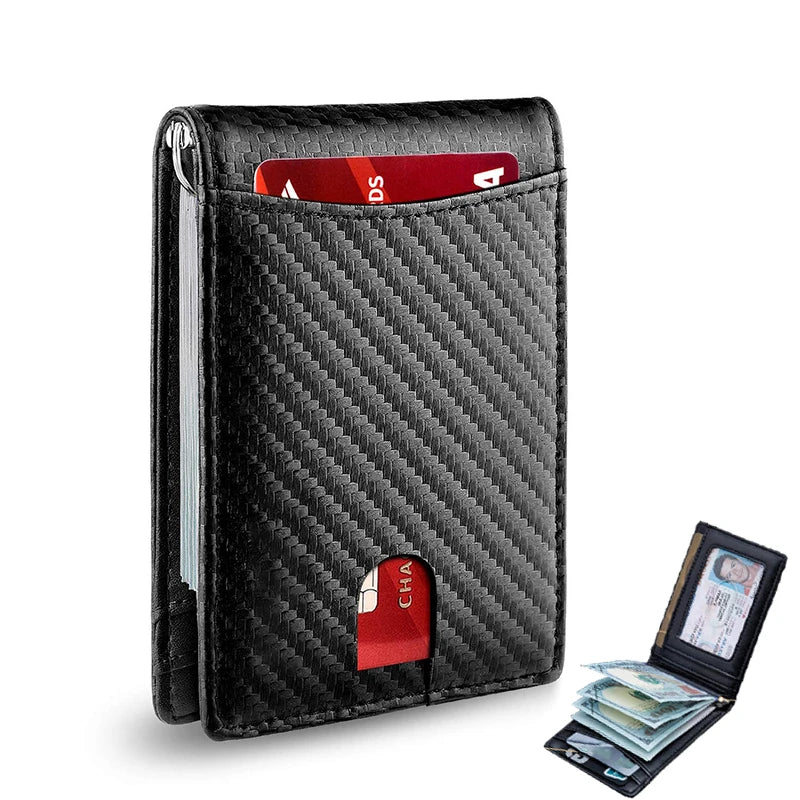 Portefeuille slim pliable noir en fibre de carbone pour hommes avec emplacement pour carte rouge et argent