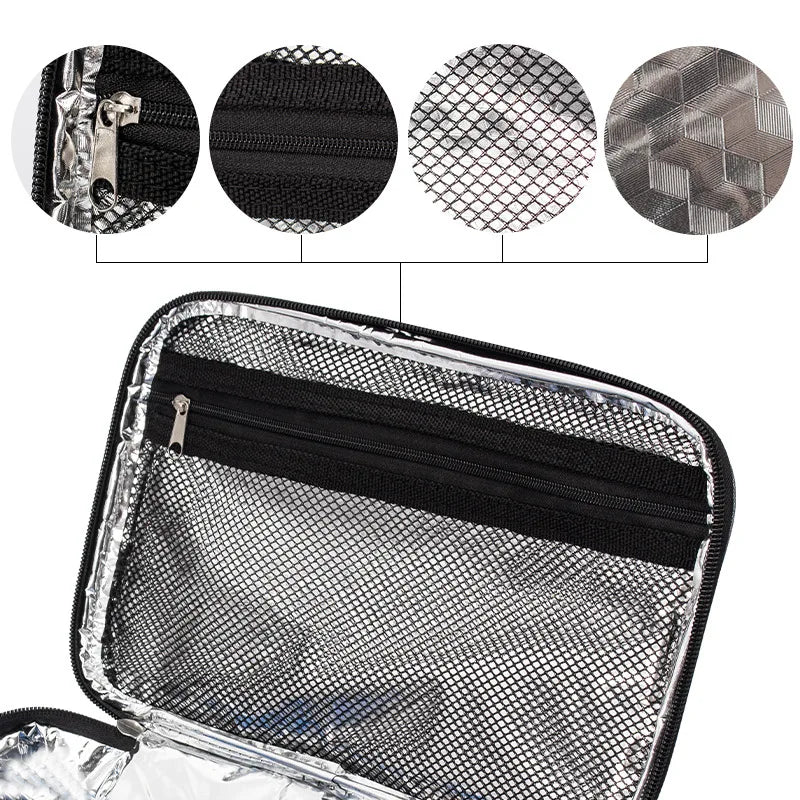 A clear insulated mini lunch bag with a black zippered compartment and a mesh outer layer.