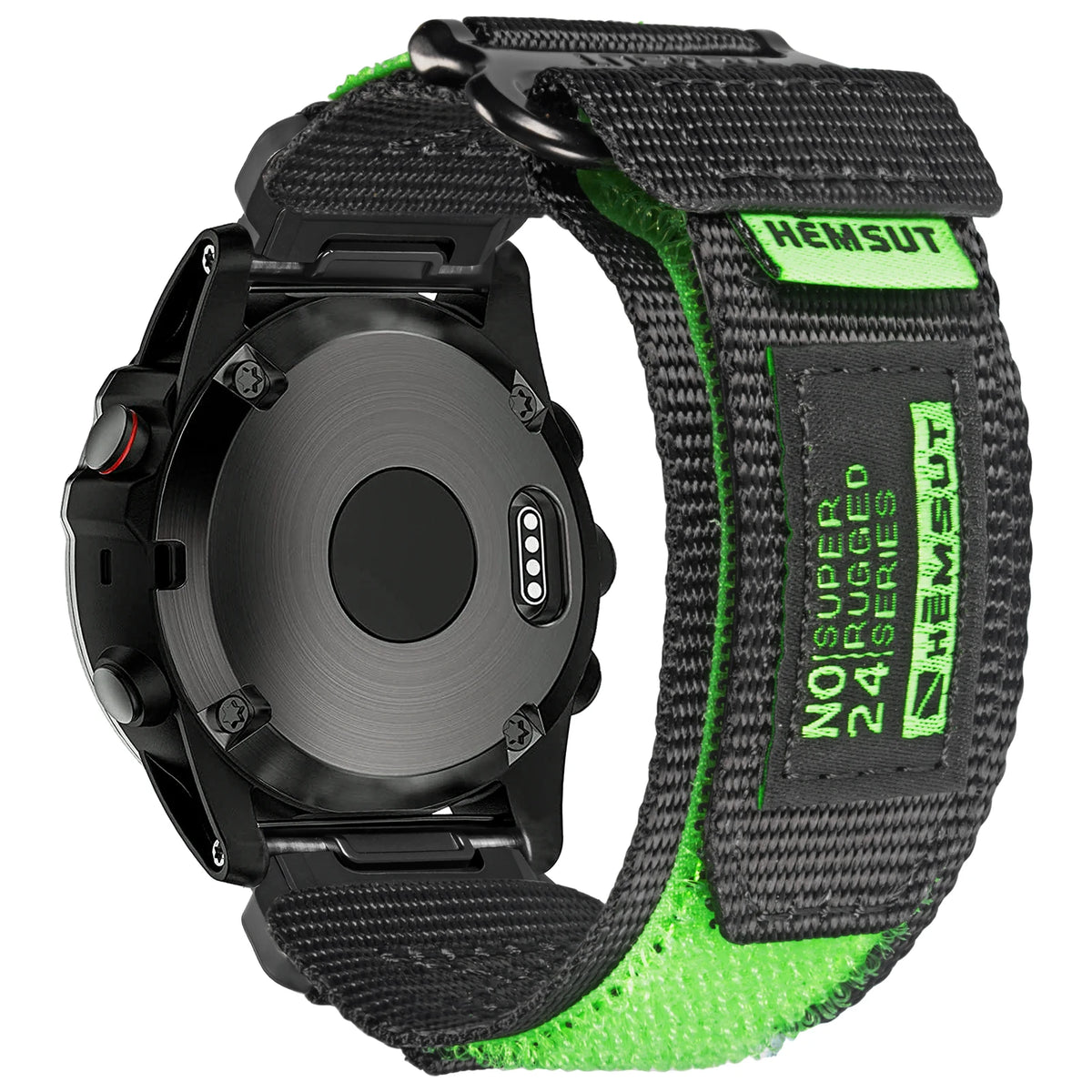 A black and lime green nylon sport strap for a Garmin watch with the HEMSUT logo visible.