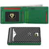 A green leather card holder featuring a geometric design and a black textured surface.