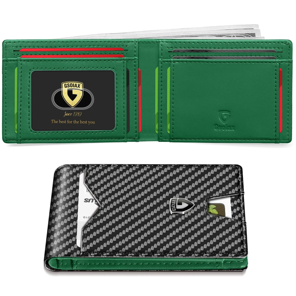 A green leather card holder featuring a geometric design and a black textured surface.