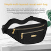 Sac de taille décontracté noir à plusieurs couches avec fermeture éclair et sangle dorée, sur fond clair.