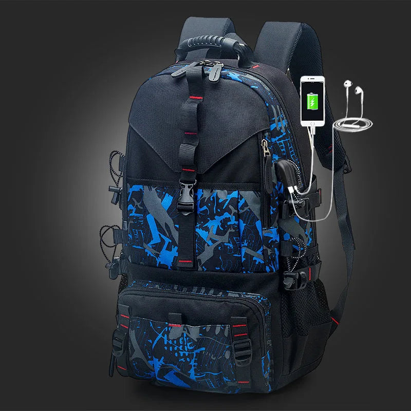 A dark blue and black durable travel backpack featuring multiple pockets and an attached mobile phone charger.