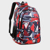 A versatile unisex backpack in a geometric pattern featuring red, gray, and navy blue for laptop and daily carry.