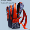 A navy blue and orange fashion kids backpack with multiple separated pockets and a pencil case.