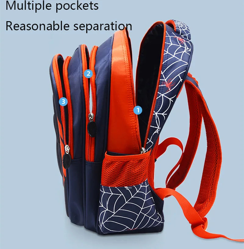 A navy blue and orange fashion kids backpack with multiple separated pockets and a pencil case.