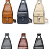 A display of four men's PU leather belt sling chest bags in brown, navy blue, beige, and black.