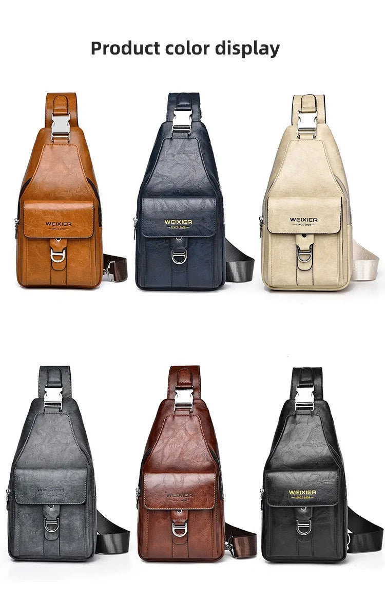 A display of four men's PU leather belt sling chest bags in brown, navy blue, beige, and black.