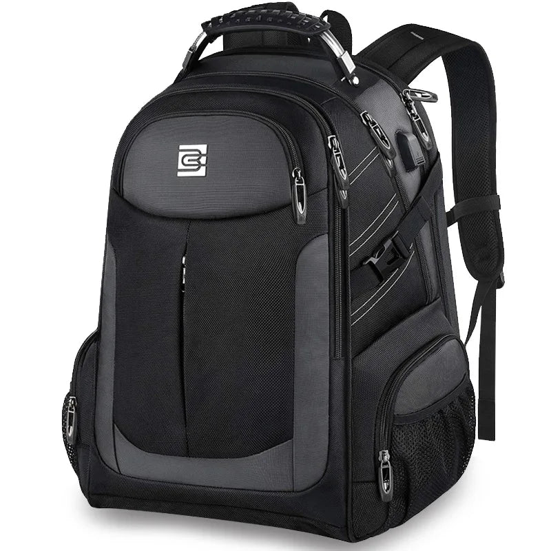A black durable men's laptop backpack with multiple compartments and adjustable straps.