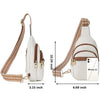 A beige PU leather chest sling bag with a strap and a phone holder is shown in a side view.