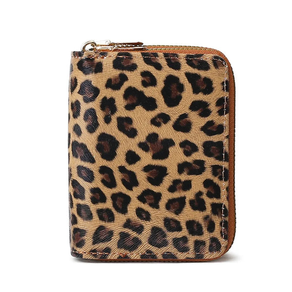 A brown leopard print double zipper wallet.
