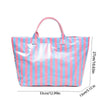 A pink and blue striped transparent PVC tote bag shown flat.