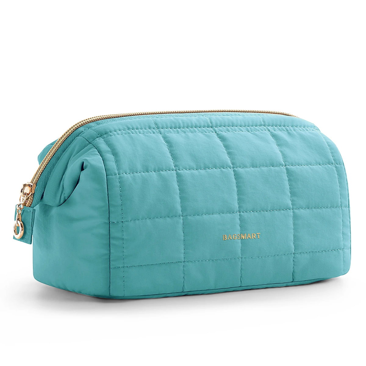 A teal padded makeup bag with a quilted texture and gold zipper detail.