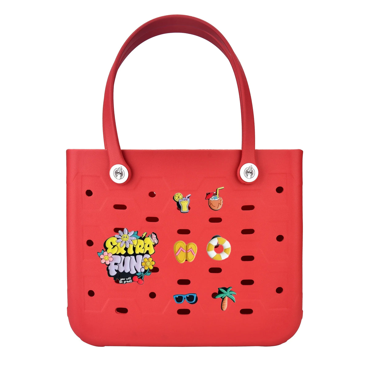Grand sac de plage en caoutchouc EVA rouge vif et imperméable avec poignée et trous décoratifs.