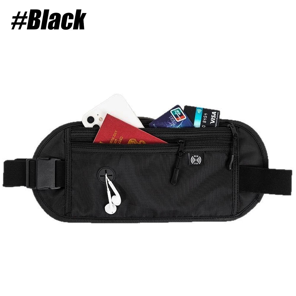 Black RFID blocking anti-theft money belt with various cards inside
