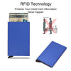 Cartera delgada azul que protege tarjetas de crédito y documentos de identidad con tecnología RFID.
