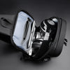 Schwarzer Designer-Anti-Diebstahl-Crossbody-Sling-Bag geöffnet, zeigt eine silberne Stift und Kopfhörer drinnen.