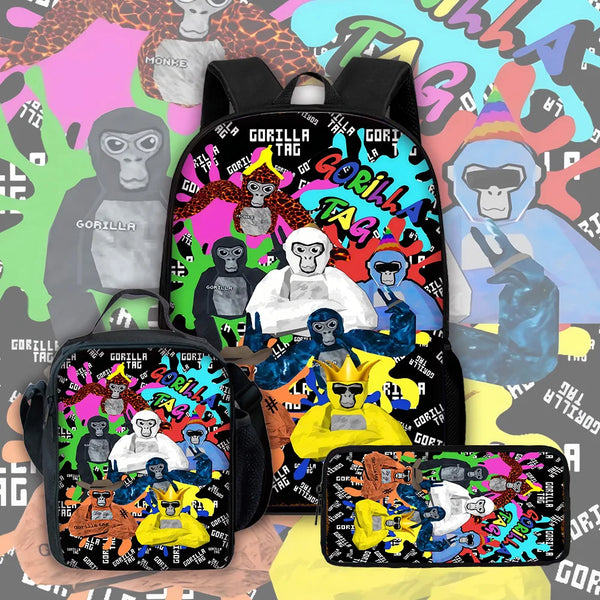 Una mochila negra con un colorido diseño de gorila tag y varios gorilas de dibujos animados.