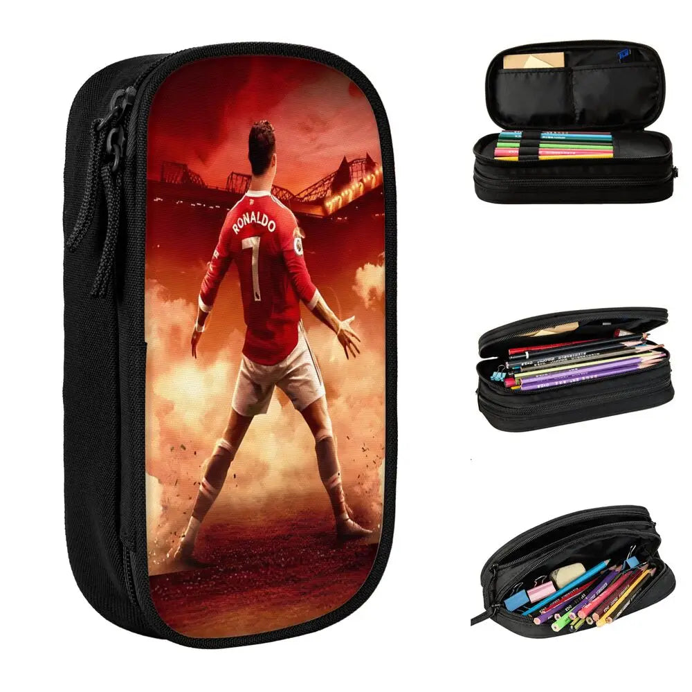Black zippered pencil case featuring a soccer player graphic on the front