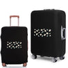A black suitcase with a protective dust cover featuring white daisies, shown from the side.