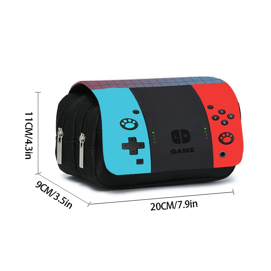 A black double-layered flip pen case with a blue and red design featuring various buttons for a game.