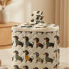 A quilted cosmetic travel bag featuring a repeating pattern of dachshunds in earthy tones.