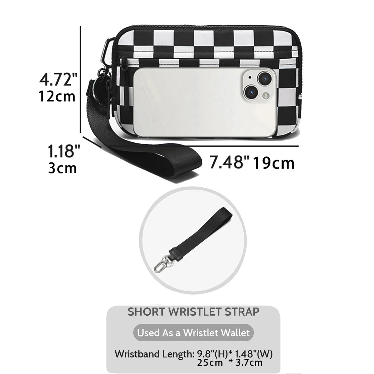 Black and white checkered multi-card wallet with a clear ID window and a black wristlet strap.