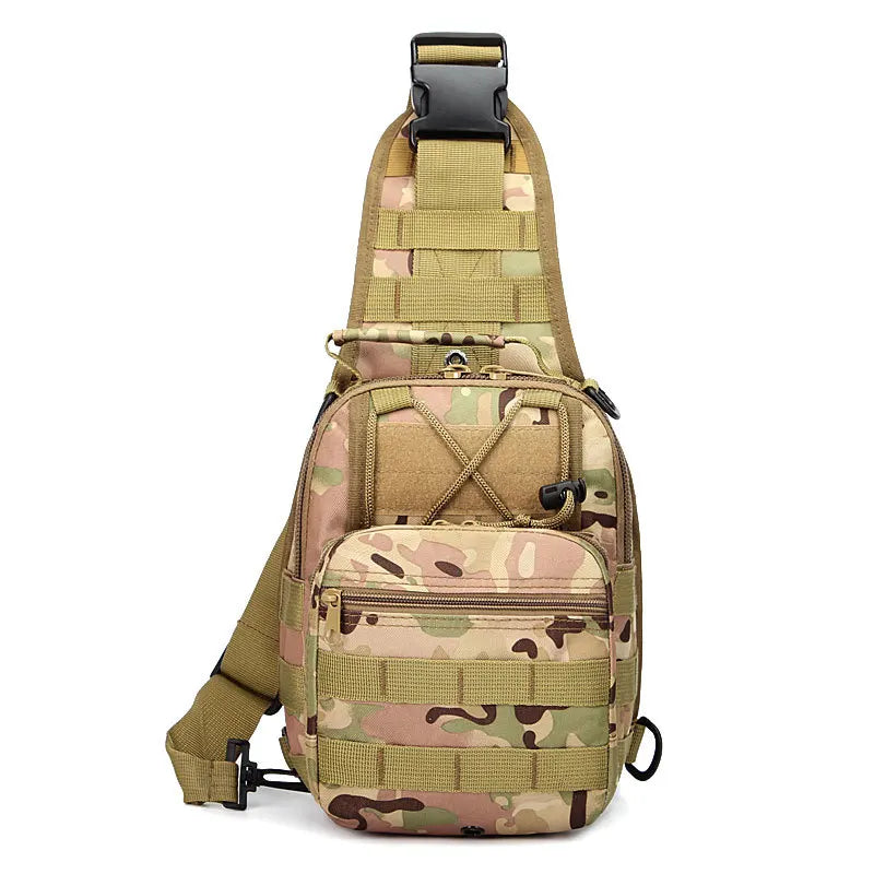 A tan and green camouflage tactical sling backpack with a black strap and multiple pockets.