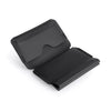 A black magnetic foldable ID card holder and coin purse shown open.