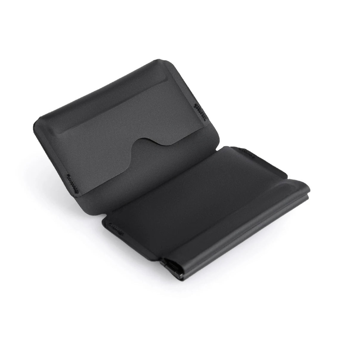 A black magnetic foldable ID card holder and coin purse shown open.