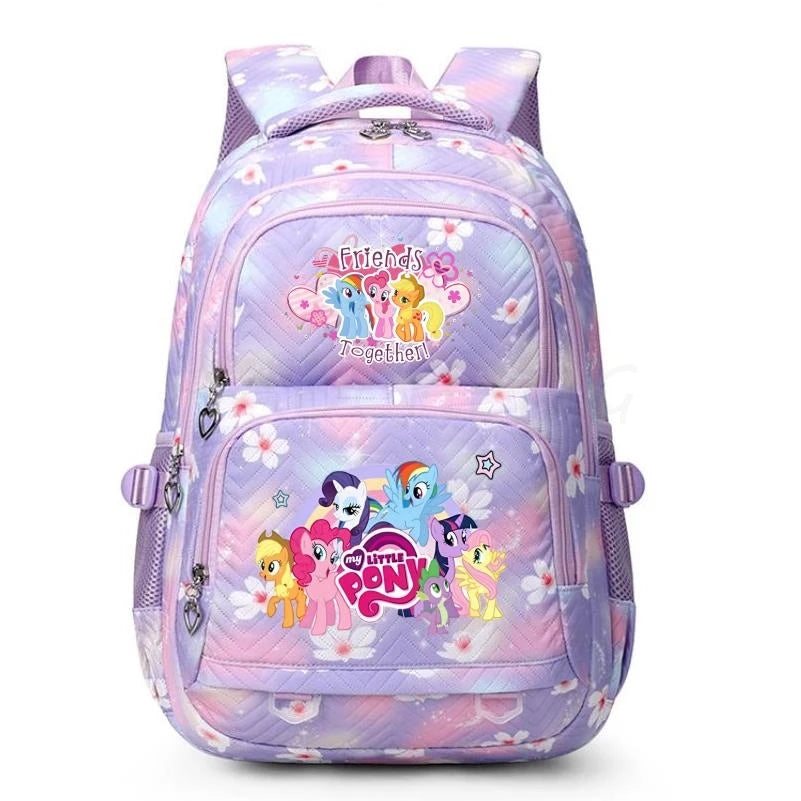 A purple and pink Friends themed backpack for students with a cute pony design