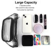 A clear waterproof transparent fanny pack with two pockets, next to a white iPhone and various small items.