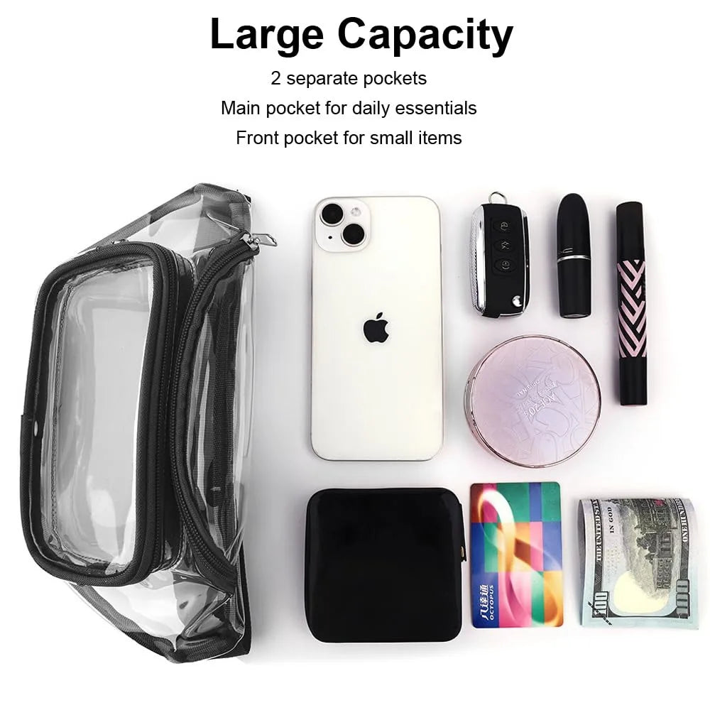A clear waterproof transparent fanny pack with two pockets, next to a white iPhone and various small items.