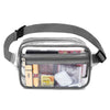 Clear stadium-approved waist pack with an adjustable strap and various small items inside