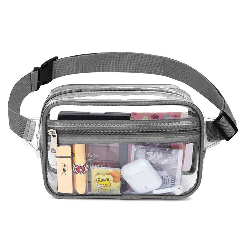 Clear stadium-approved waist pack with an adjustable strap and various small items inside