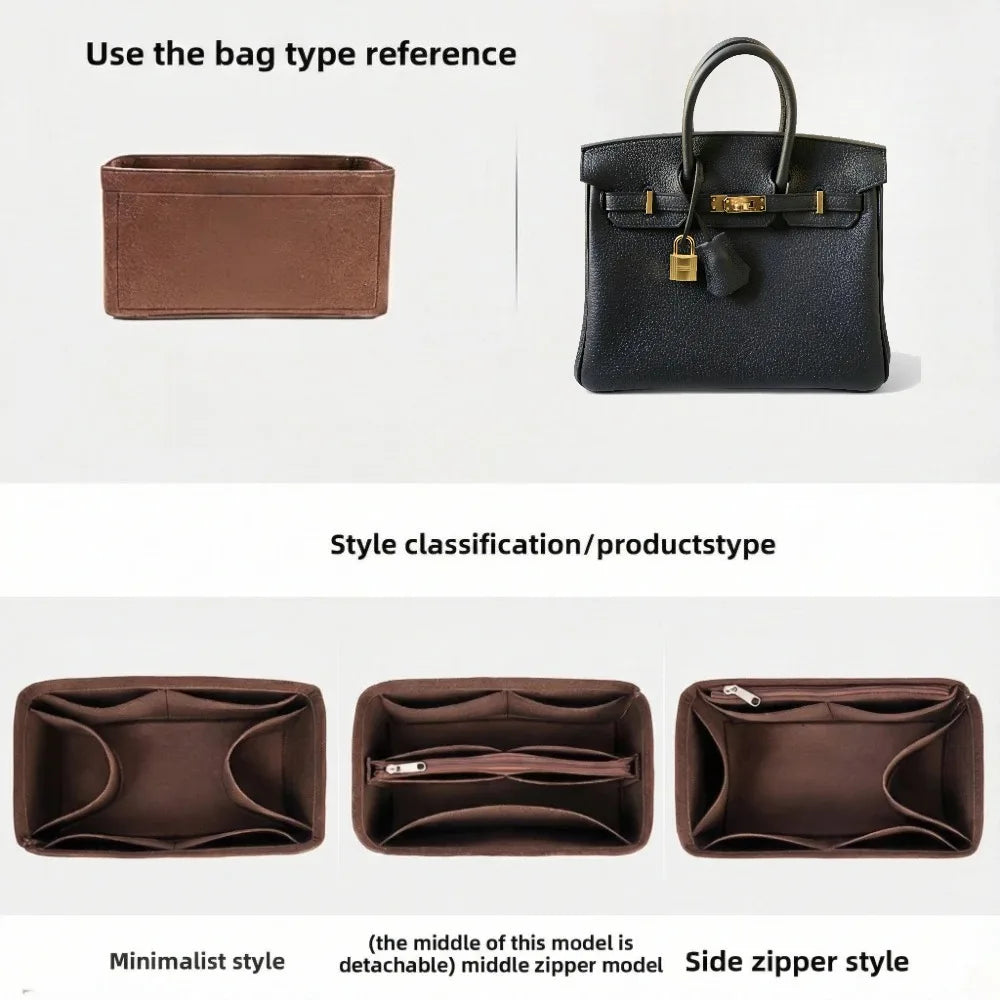 A black felt bag organizer insert and a brown felt bag organizer insert are shown with style classifications.