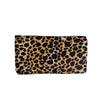 A rectangular leopard print zippered cosmetic bag in brown and black tones.