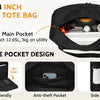 Black laptop tote bag featuring a main pocket, anti-theft pocket, and side pockets.
