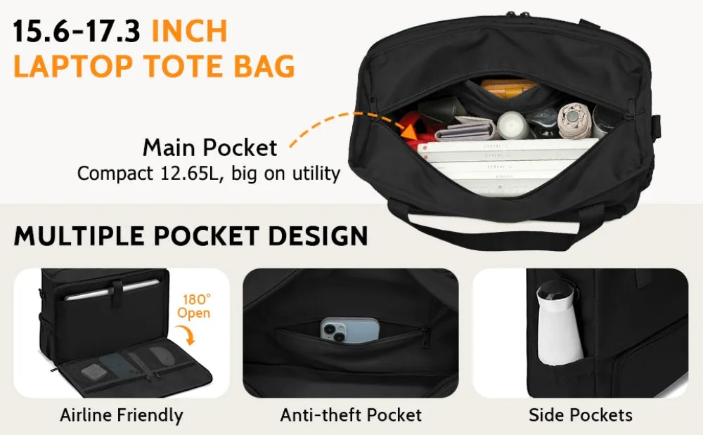 Black laptop tote bag featuring a main pocket, anti-theft pocket, and side pockets.
