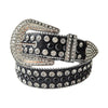 A silver and black decorative Western buckle belt adorned with rhinestones and studs.