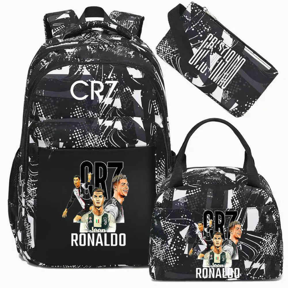 Black sports laptop backpack featuring Cristiano Ronaldo graphics and a protective rain cover.