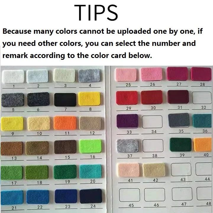 A grid of colored felt cards used as a color reference guide for selecting colors.